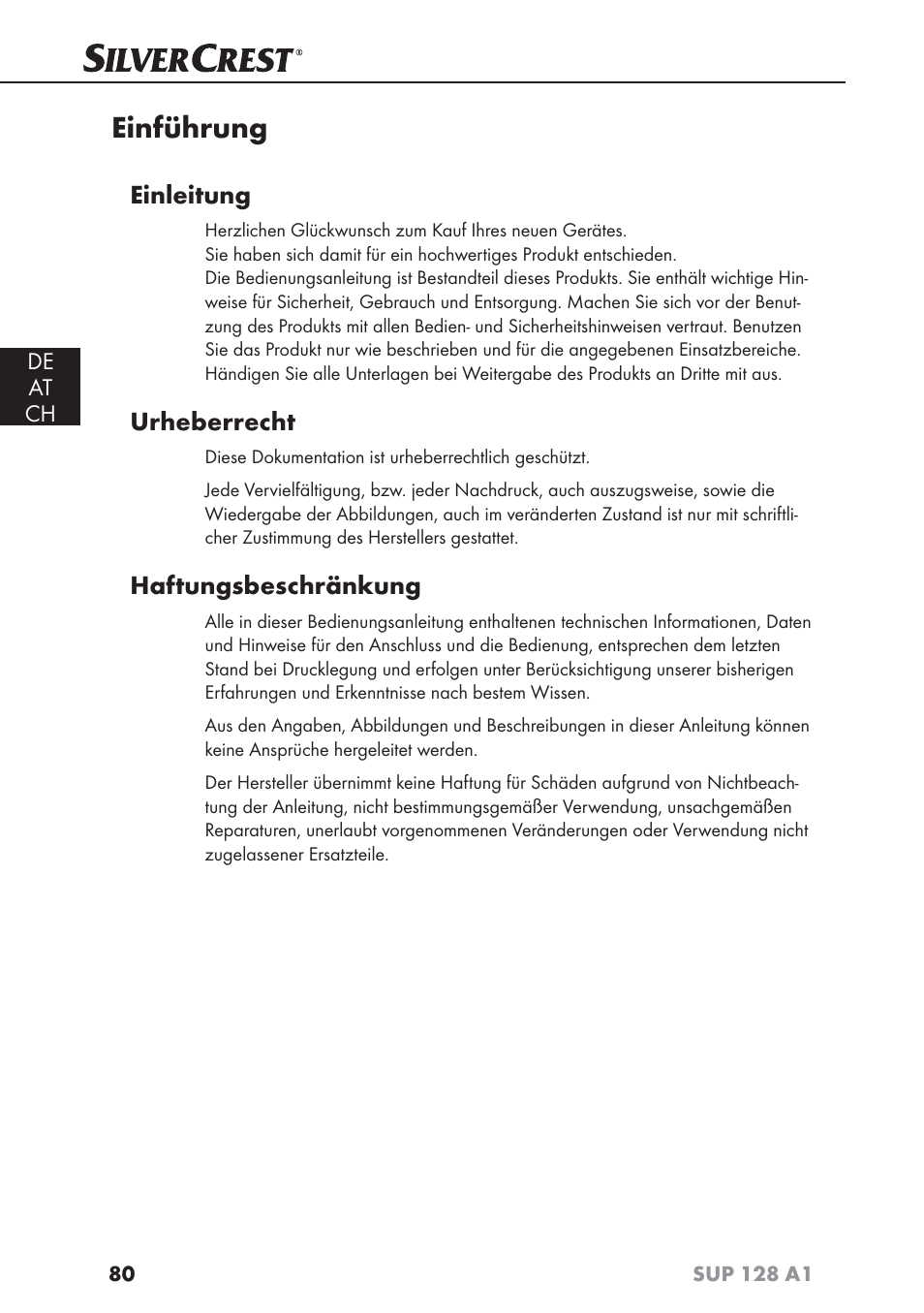 Einführung, Einleitung, Urheberrecht | Haftungsbeschränkung | Silvercrest SUP 128 A1 User Manual | Page 83 / 107