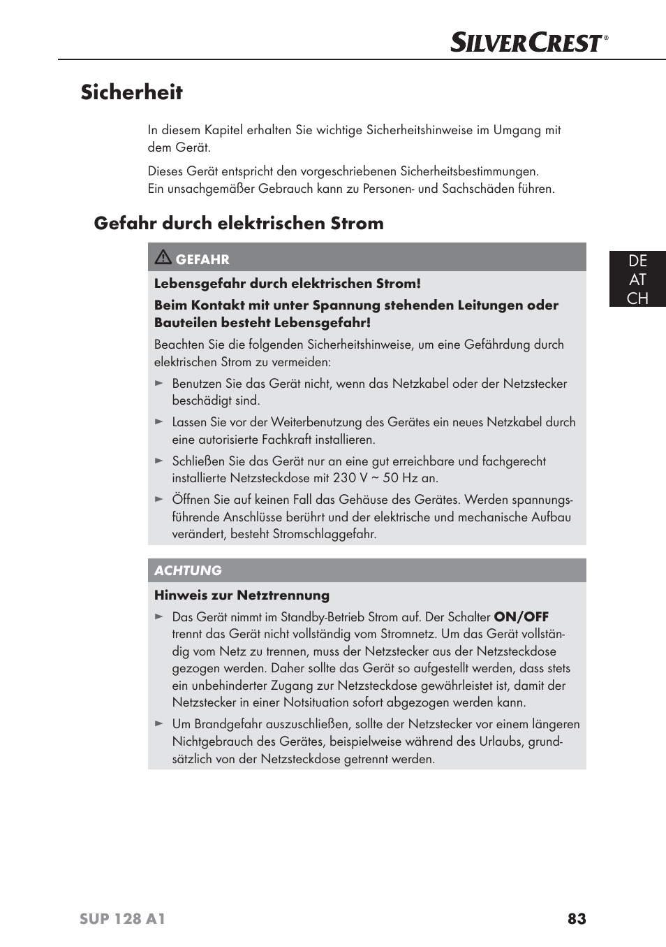 Sicherheit, Gefahr durch elektrischen strom, De at ch | Silvercrest SUP 128 A1 User Manual | Page 86 / 107