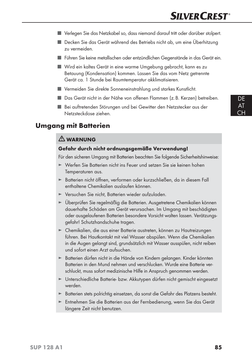 Umgang mit batterien, De at ch | Silvercrest SUP 128 A1 User Manual | Page 88 / 107