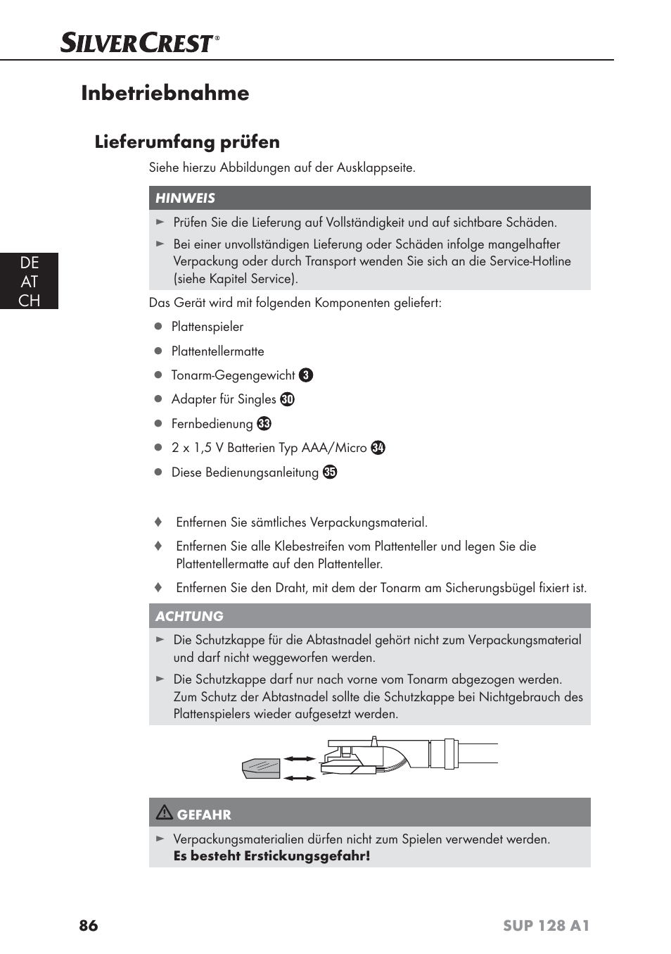 Inbetriebnahme, Lieferumfang prüfen, De at ch | Silvercrest SUP 128 A1 User Manual | Page 89 / 107