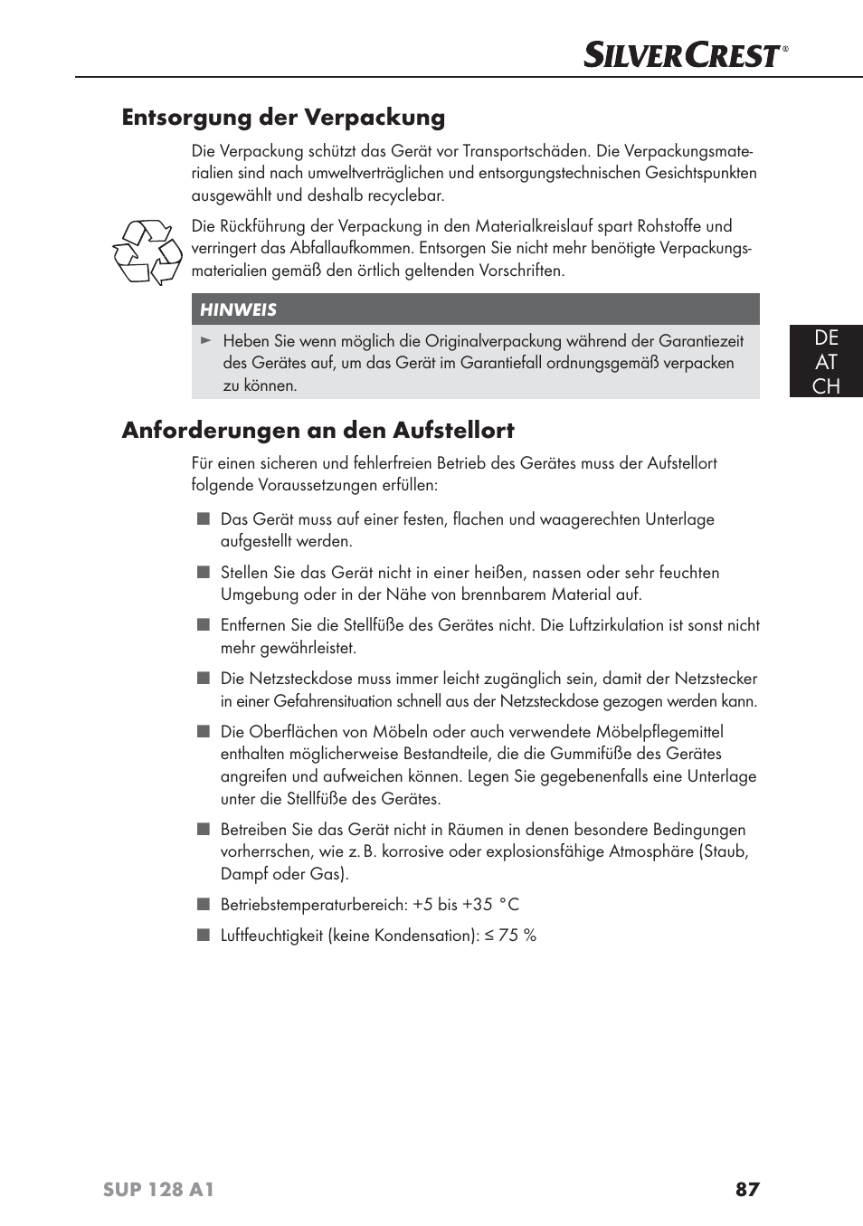 Entsorgung der verpackung, Anforderungen an den aufstellort, De at ch | Silvercrest SUP 128 A1 User Manual | Page 90 / 107