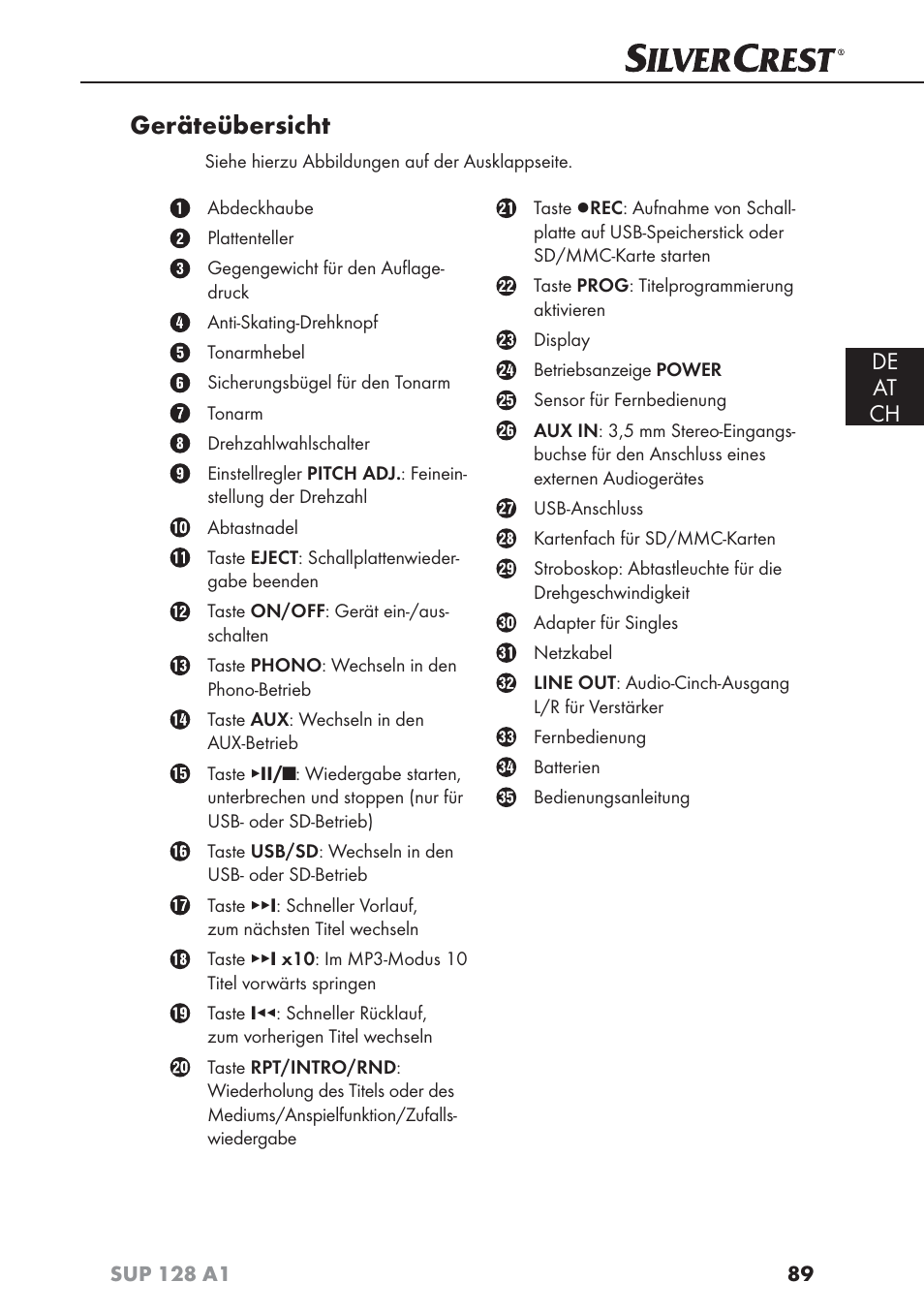 Geräteübersicht, De at ch | Silvercrest SUP 128 A1 User Manual | Page 92 / 107