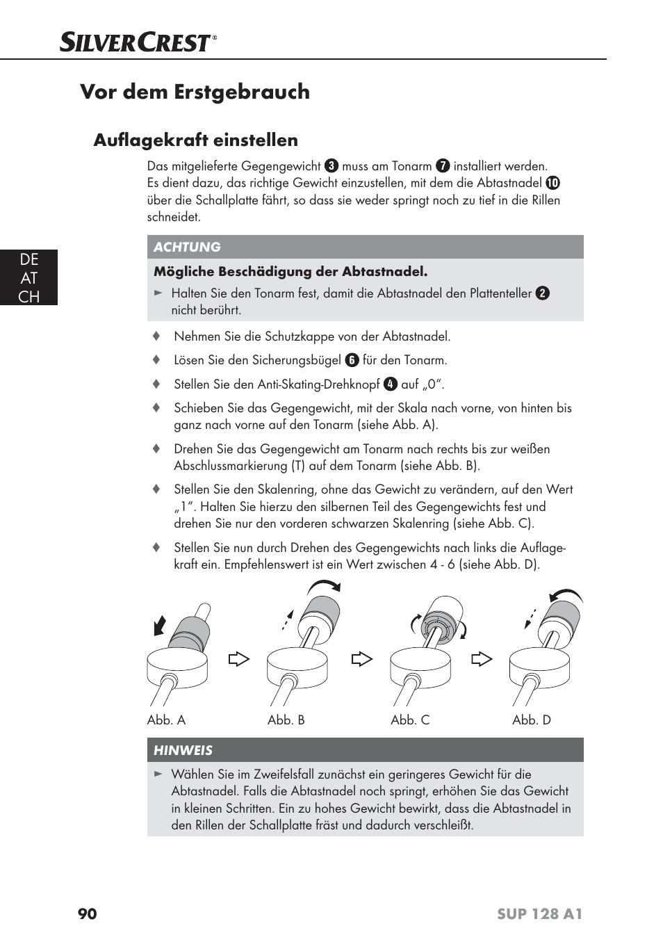 Vor dem erstgebrauch, Auﬂ agekraft einstellen, De at ch | Silvercrest SUP 128 A1 User Manual | Page 93 / 107