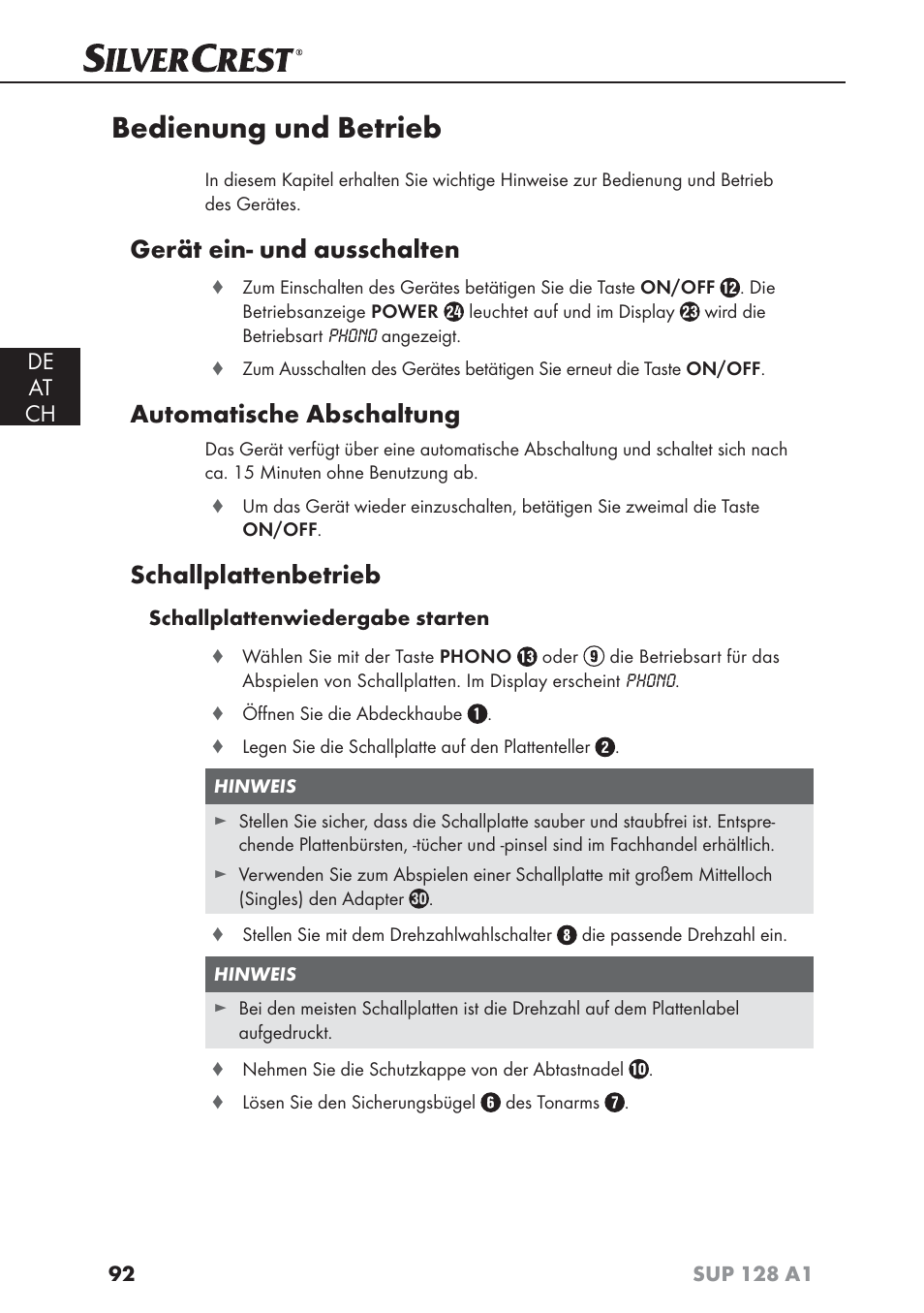 Bedienung und betrieb, Gerät ein- und ausschalten, Automatische abschaltung | Schallplattenbetrieb, De at ch | Silvercrest SUP 128 A1 User Manual | Page 95 / 107