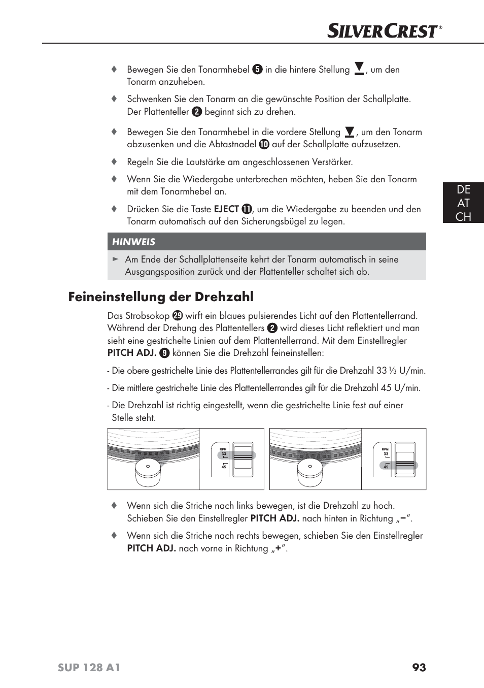 Feineinstellung der drehzahl, De at ch | Silvercrest SUP 128 A1 User Manual | Page 96 / 107