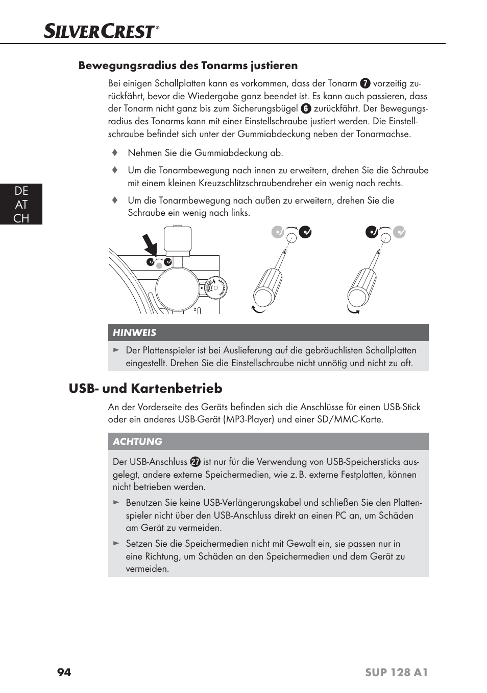 Usb- und kartenbetrieb, De at ch | Silvercrest SUP 128 A1 User Manual | Page 97 / 107
