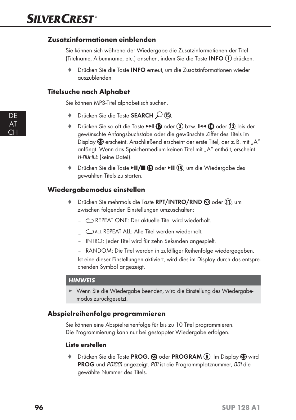 De at ch | Silvercrest SUP 128 A1 User Manual | Page 99 / 107