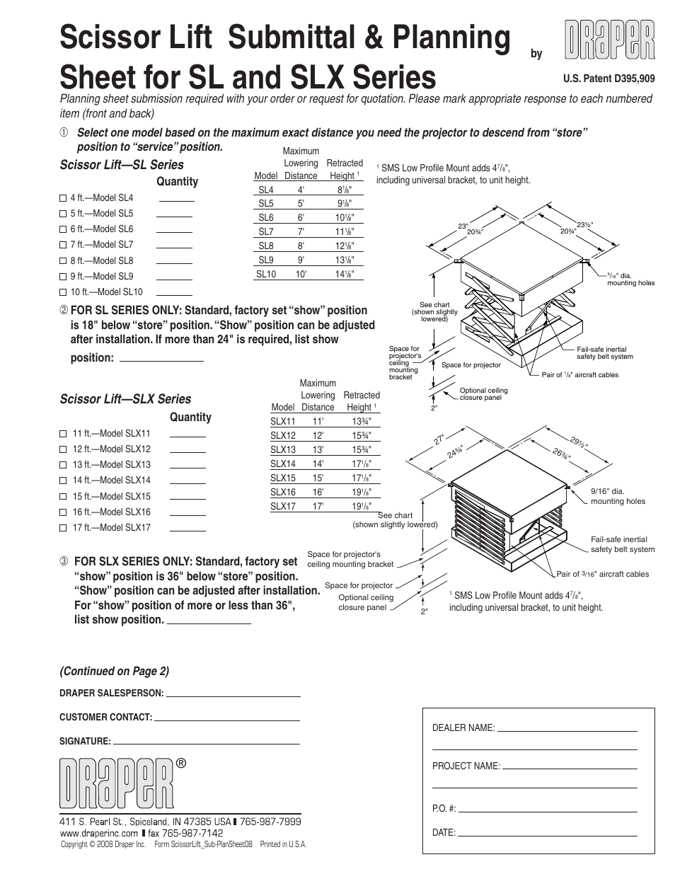 Draper Scissor Lift Submittal & Planning SL4 User Manual | 4 pages