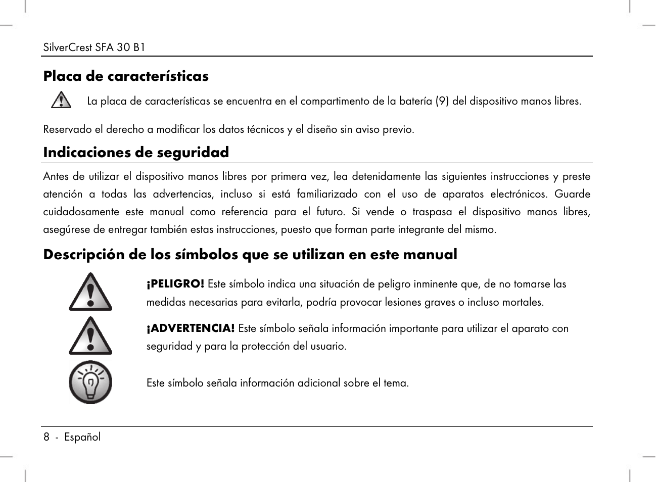 Placa de características, Indicaciones de seguridad | Silvercrest SFA 30 B1 User Manual | Page 10 / 120
