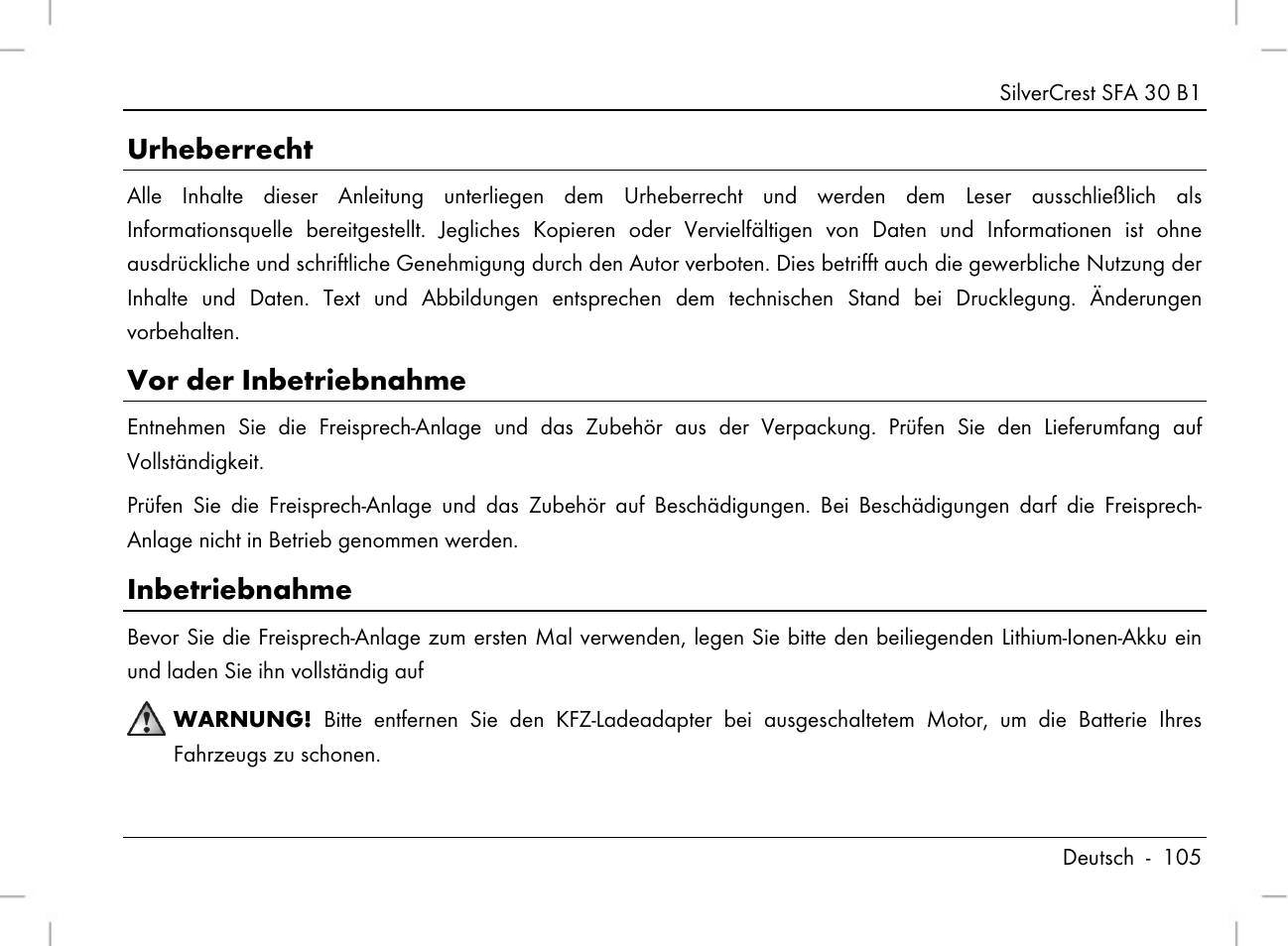 Urheberrecht, Vor der inbetriebnahme, Inbetriebnahme | Silvercrest SFA 30 B1 User Manual | Page 107 / 120