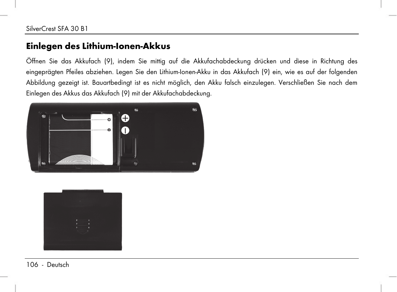 Einlegen des lithium-ionen-akkus | Silvercrest SFA 30 B1 User Manual | Page 108 / 120