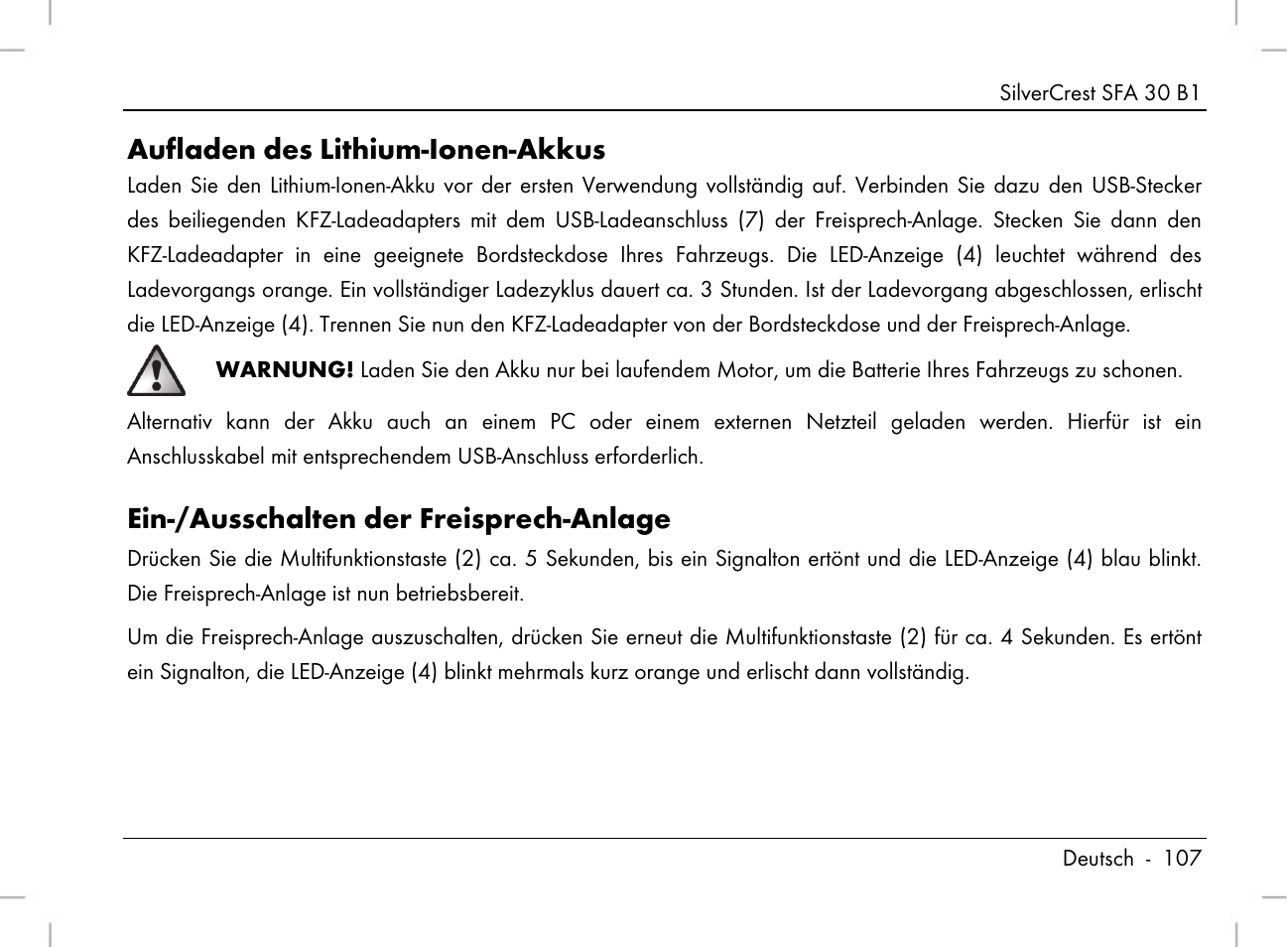 Aufladen des lithium-ionen-akkus, Ein-/ausschalten der freisprech-anlage | Silvercrest SFA 30 B1 User Manual | Page 109 / 120