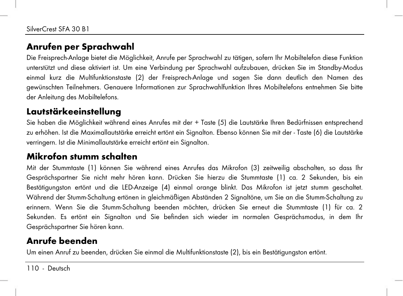Anrufen per sprachwahl, Lautstärkeeinstellung, Mikrofon stumm schalten | Anrufe beenden | Silvercrest SFA 30 B1 User Manual | Page 112 / 120