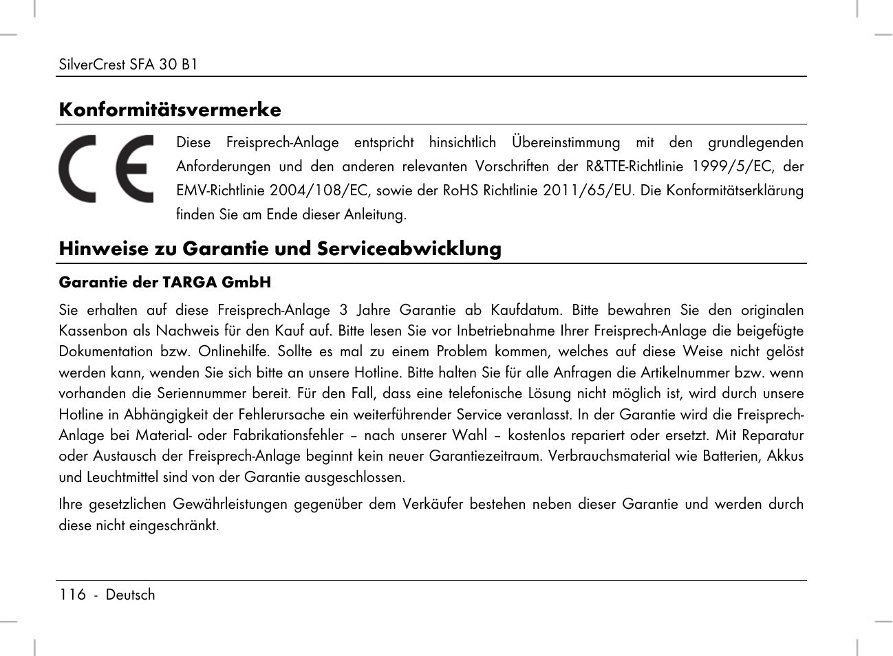 Konformitätsvermerke, Hinweise zu garantie und serviceabwicklung | Silvercrest SFA 30 B1 User Manual | Page 118 / 120