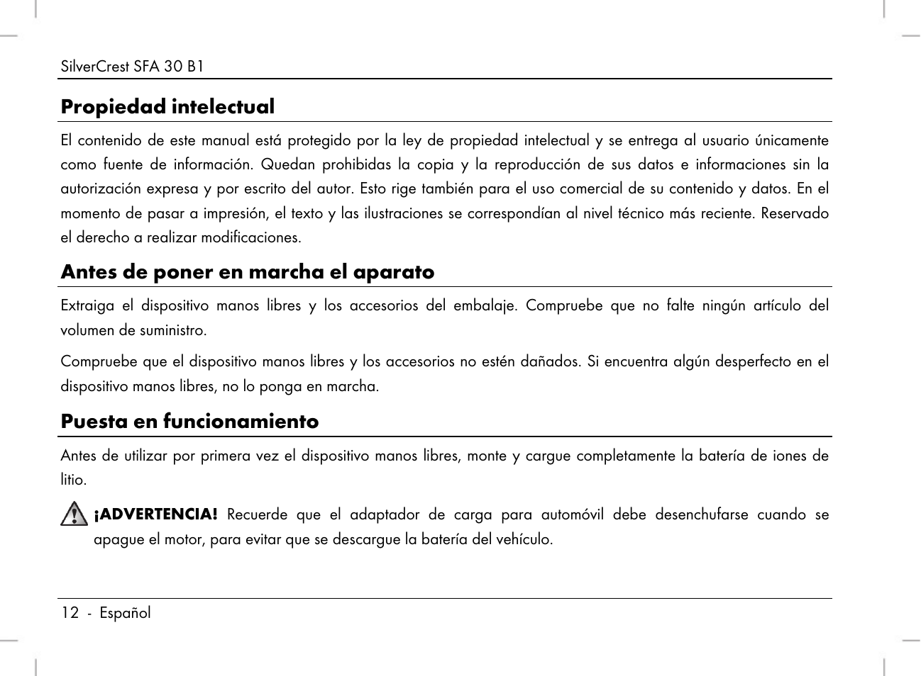 Propiedad intelectual, Antes de poner en marcha el aparato, Puesta en funcionamiento | Silvercrest SFA 30 B1 User Manual | Page 14 / 120