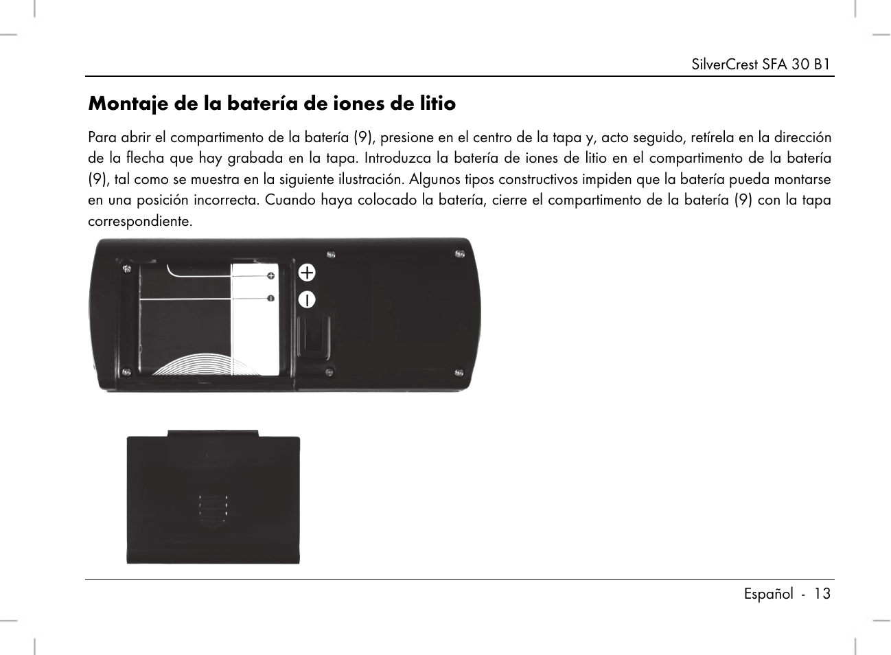 Montaje de la batería de iones de litio | Silvercrest SFA 30 B1 User Manual | Page 15 / 120