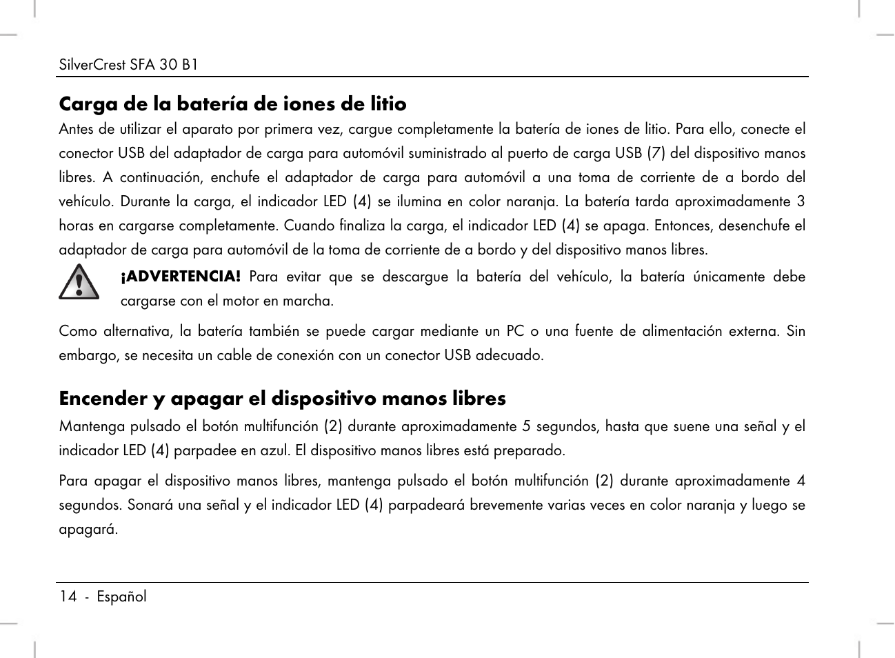 Carga de la batería de iones de litio, Encender y apagar el dispositivo manos libres | Silvercrest SFA 30 B1 User Manual | Page 16 / 120
