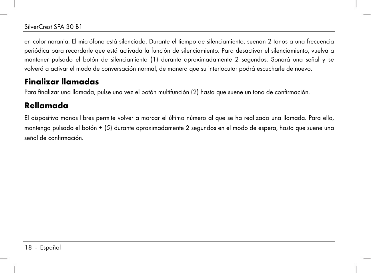 Finalizar llamadas, Rellamada | Silvercrest SFA 30 B1 User Manual | Page 20 / 120
