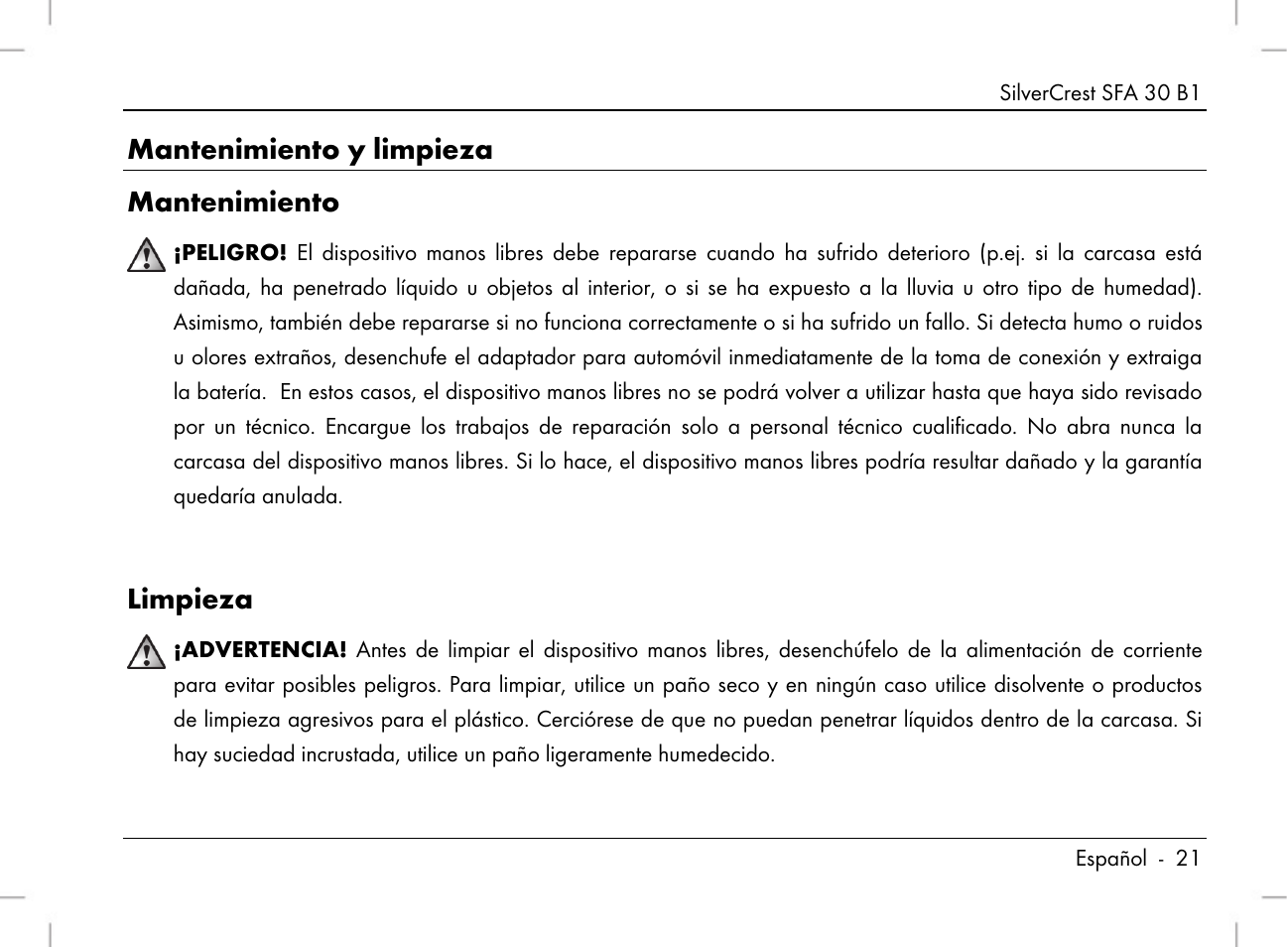 Mantenimiento y limpieza mantenimiento, Limpieza | Silvercrest SFA 30 B1 User Manual | Page 23 / 120
