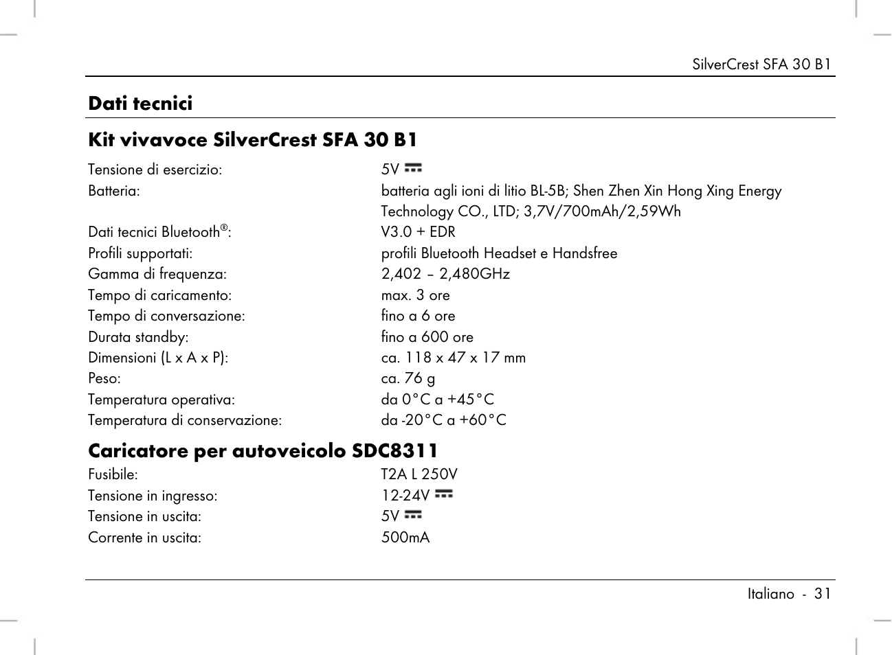 Dati tecnici kit vivavoce silvercrest sfa 30 b1, Caricatore per autoveicolo sdc8311 | Silvercrest SFA 30 B1 User Manual | Page 33 / 120