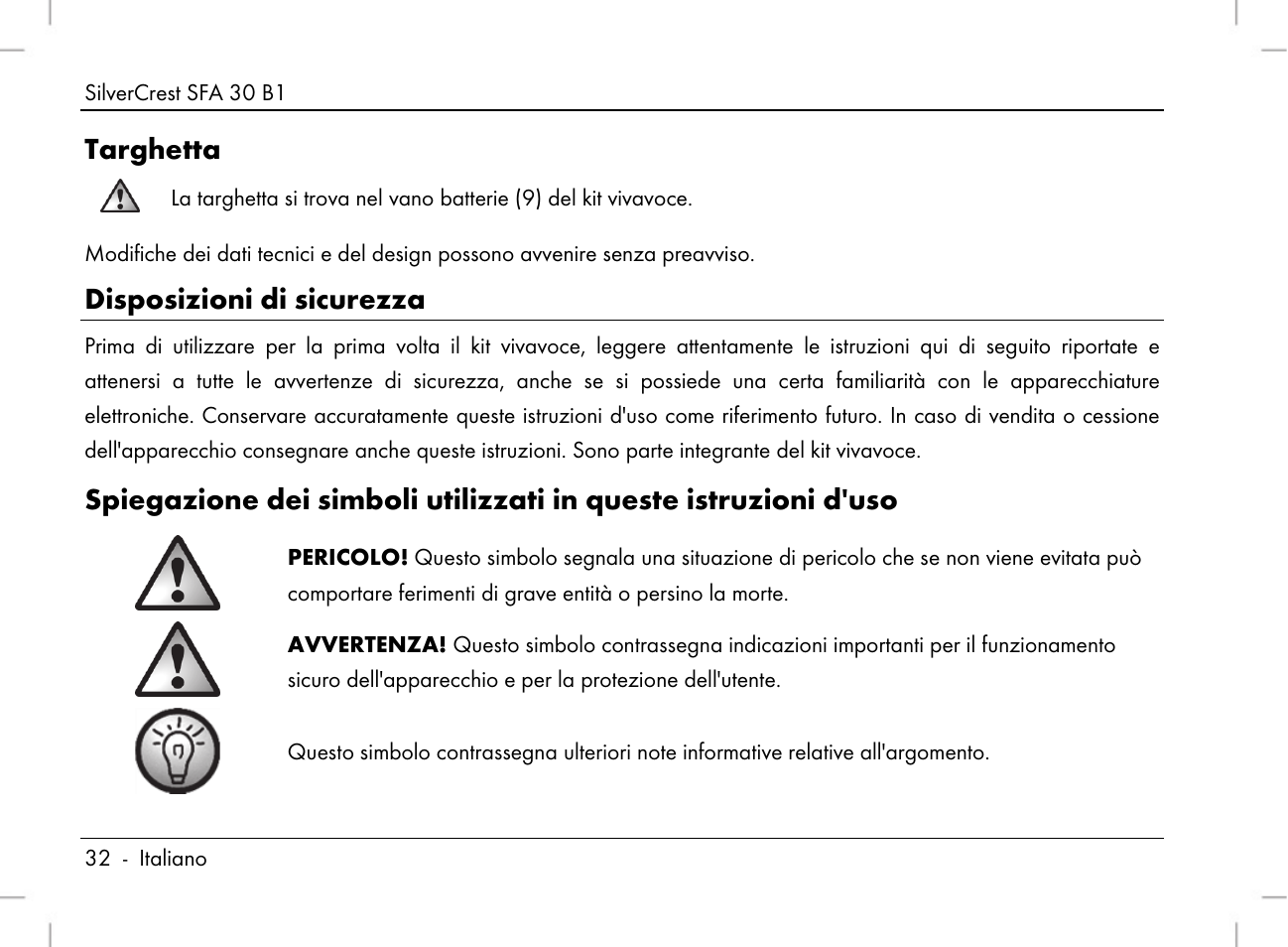 Targhetta, Disposizioni di sicurezza | Silvercrest SFA 30 B1 User Manual | Page 34 / 120