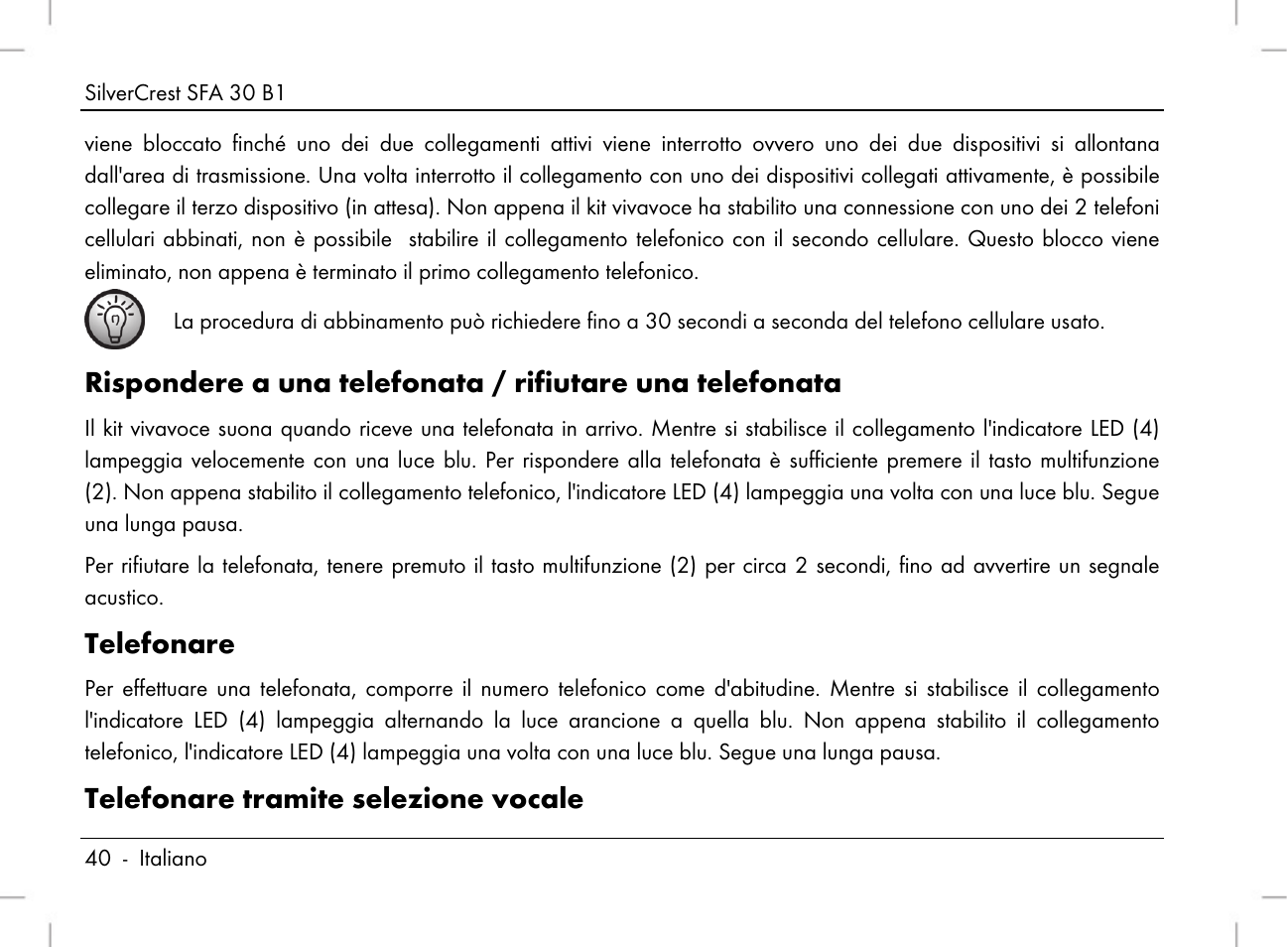 Telefonare, Telefonare tramite selezione vocale | Silvercrest SFA 30 B1 User Manual | Page 42 / 120