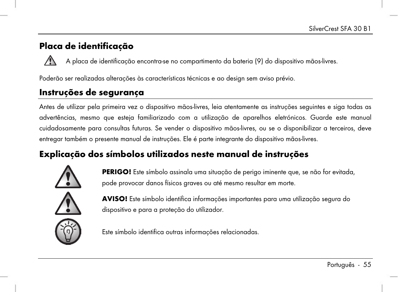 Placa de identificação, Instruções de segurança | Silvercrest SFA 30 B1 User Manual | Page 57 / 120