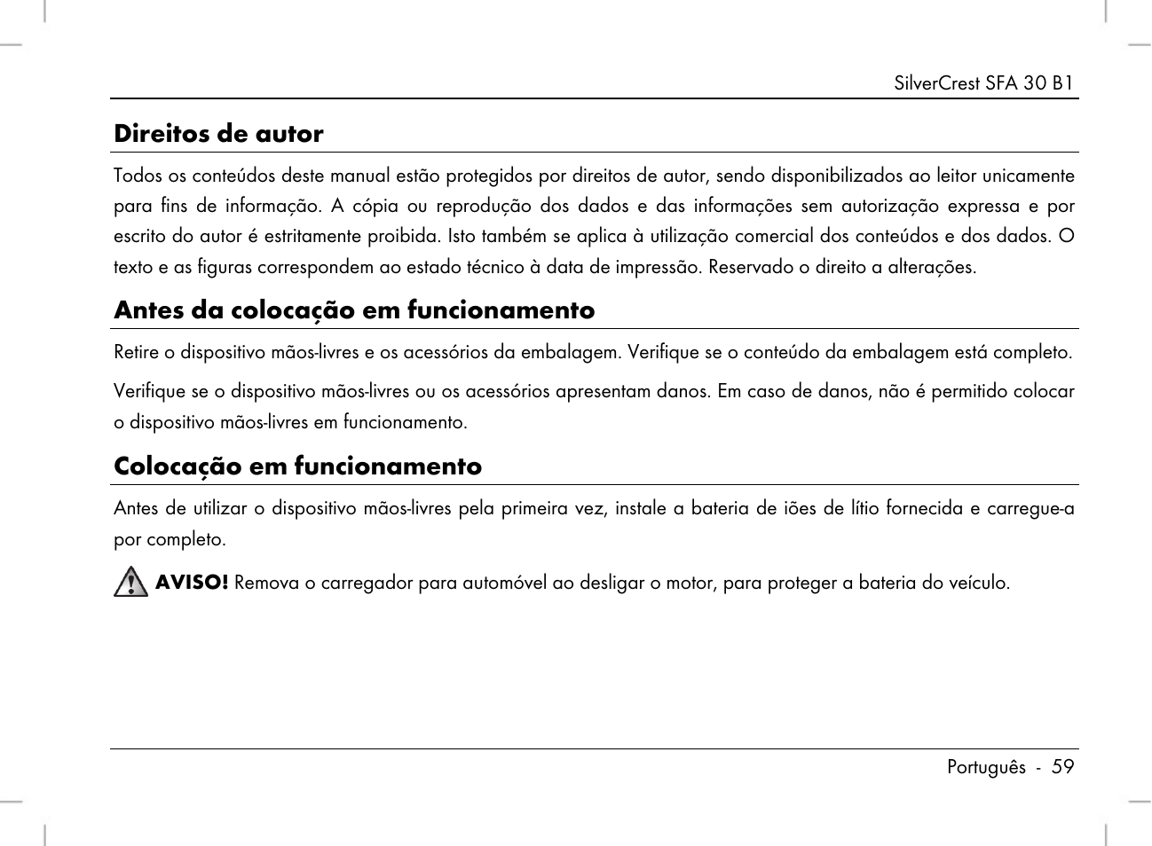 Direitos de autor, Antes da colocação em funcionamento, Colocação em funcionamento | Silvercrest SFA 30 B1 User Manual | Page 61 / 120