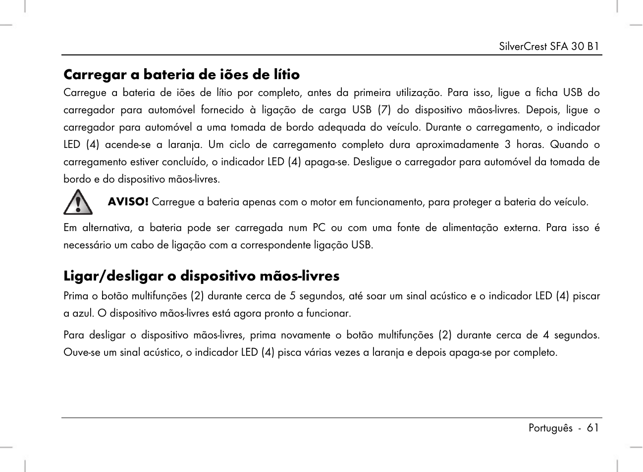 Carregar a bateria de iões de lítio, Ligar/desligar o dispositivo mãos-livres | Silvercrest SFA 30 B1 User Manual | Page 63 / 120