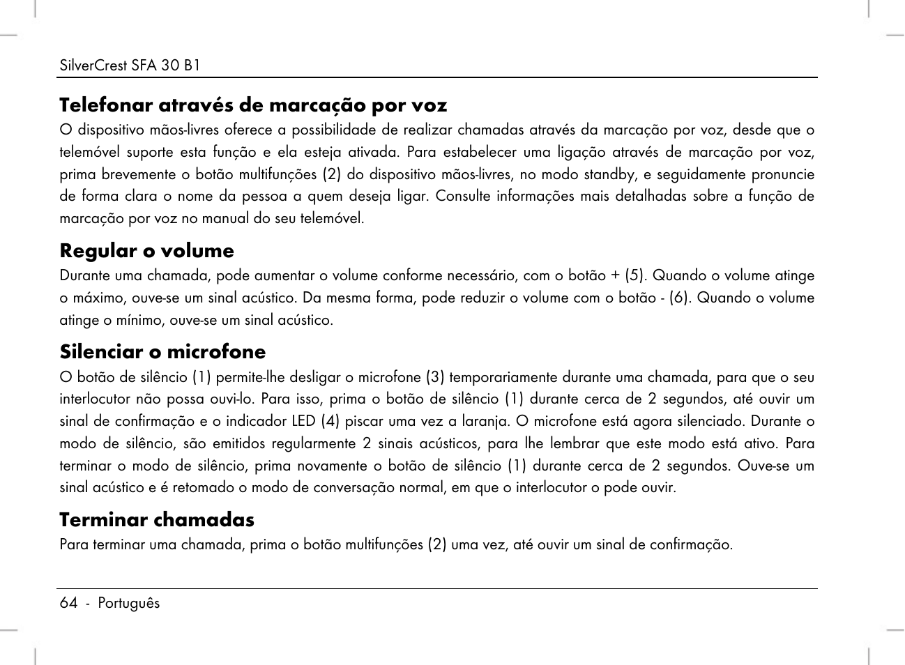 Telefonar através de marcação por voz, Regular o volume, Silenciar o microfone | Terminar chamadas | Silvercrest SFA 30 B1 User Manual | Page 66 / 120