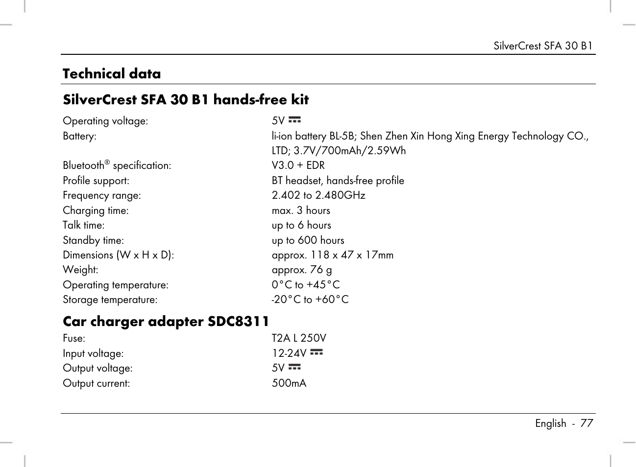 Car charger adapter sdc8311 | Silvercrest SFA 30 B1 User Manual | Page 79 / 120