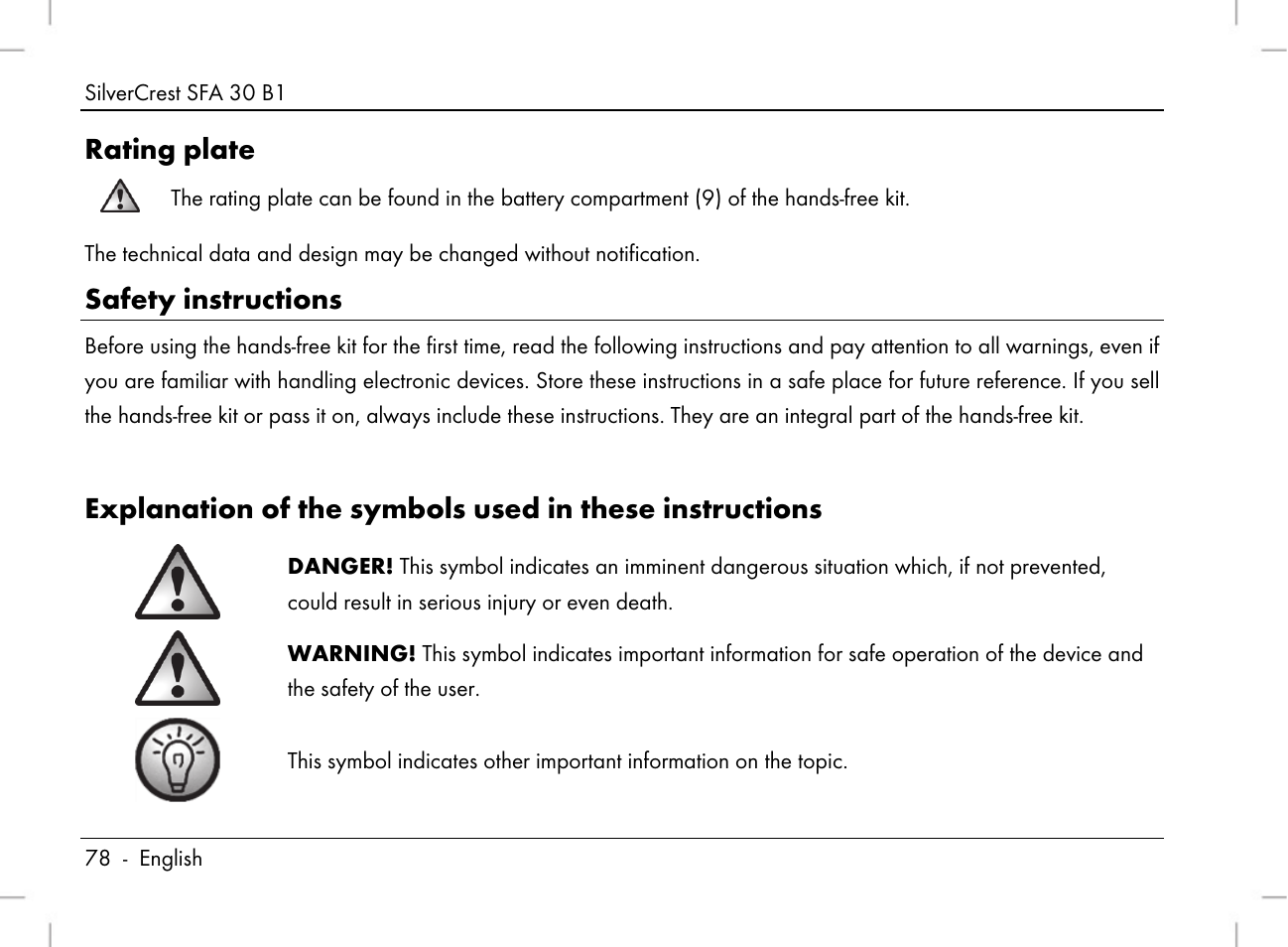 Rating plate, Safety instructions | Silvercrest SFA 30 B1 User Manual | Page 80 / 120