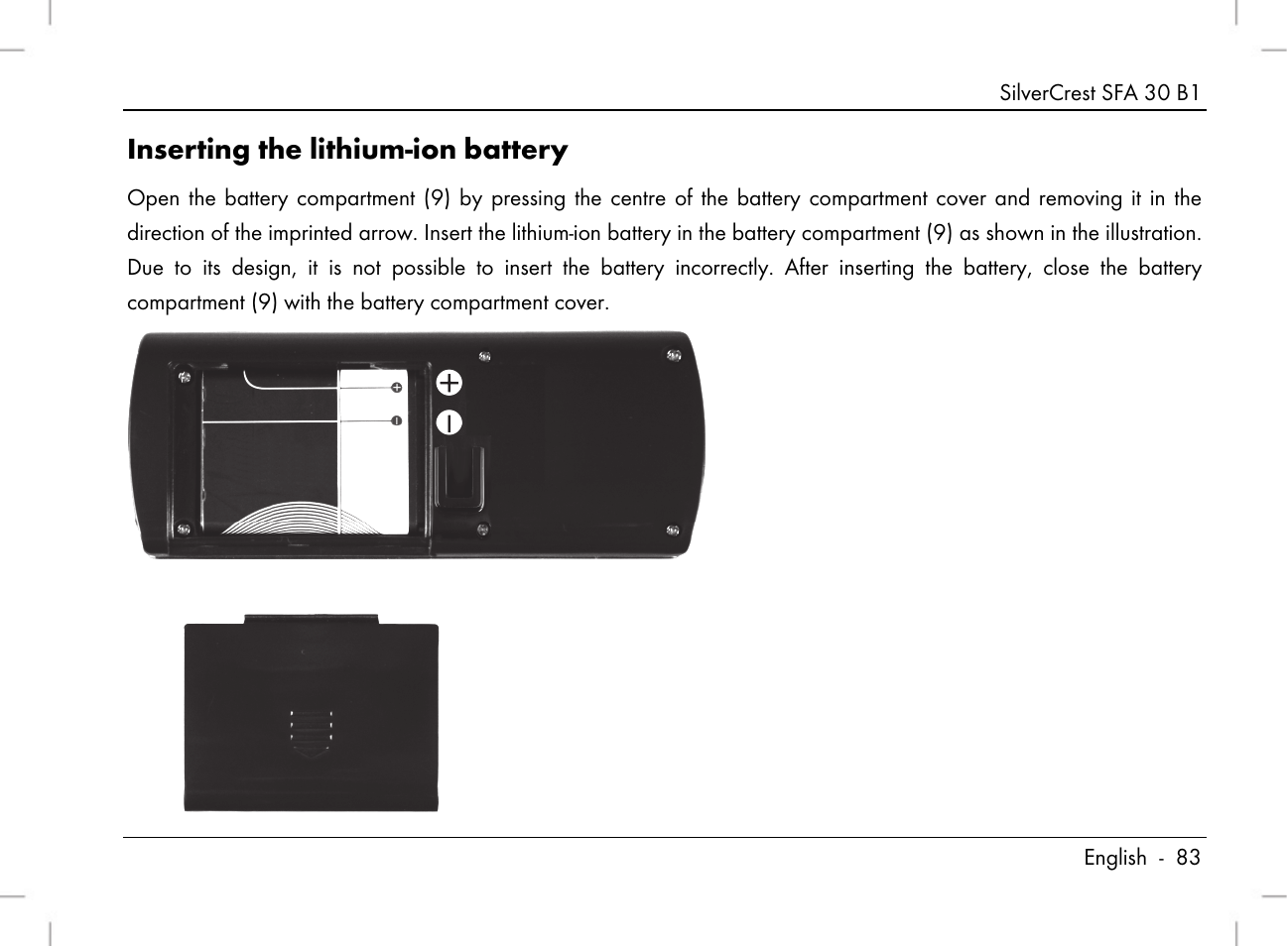 Inserting the lithium-ion battery | Silvercrest SFA 30 B1 User Manual | Page 85 / 120