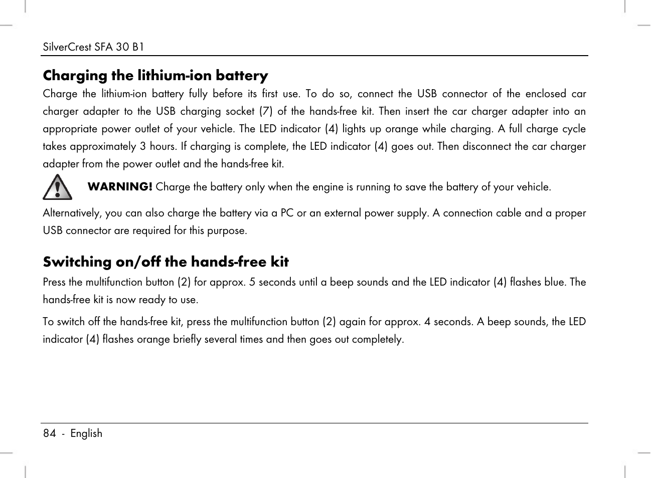 Charging the lithium-ion battery, Switching on/off the hands-free kit | Silvercrest SFA 30 B1 User Manual | Page 86 / 120