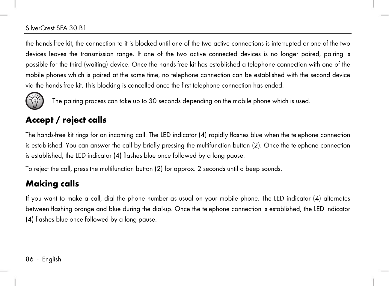 Accept / reject calls, Making calls | Silvercrest SFA 30 B1 User Manual | Page 88 / 120