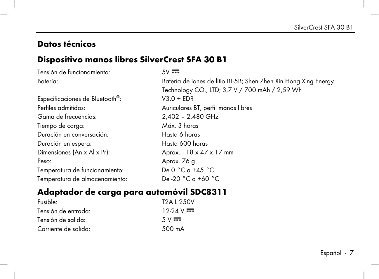 Adaptador de carga para automóvil sdc8311 | Silvercrest SFA 30 B1 User Manual | Page 9 / 120