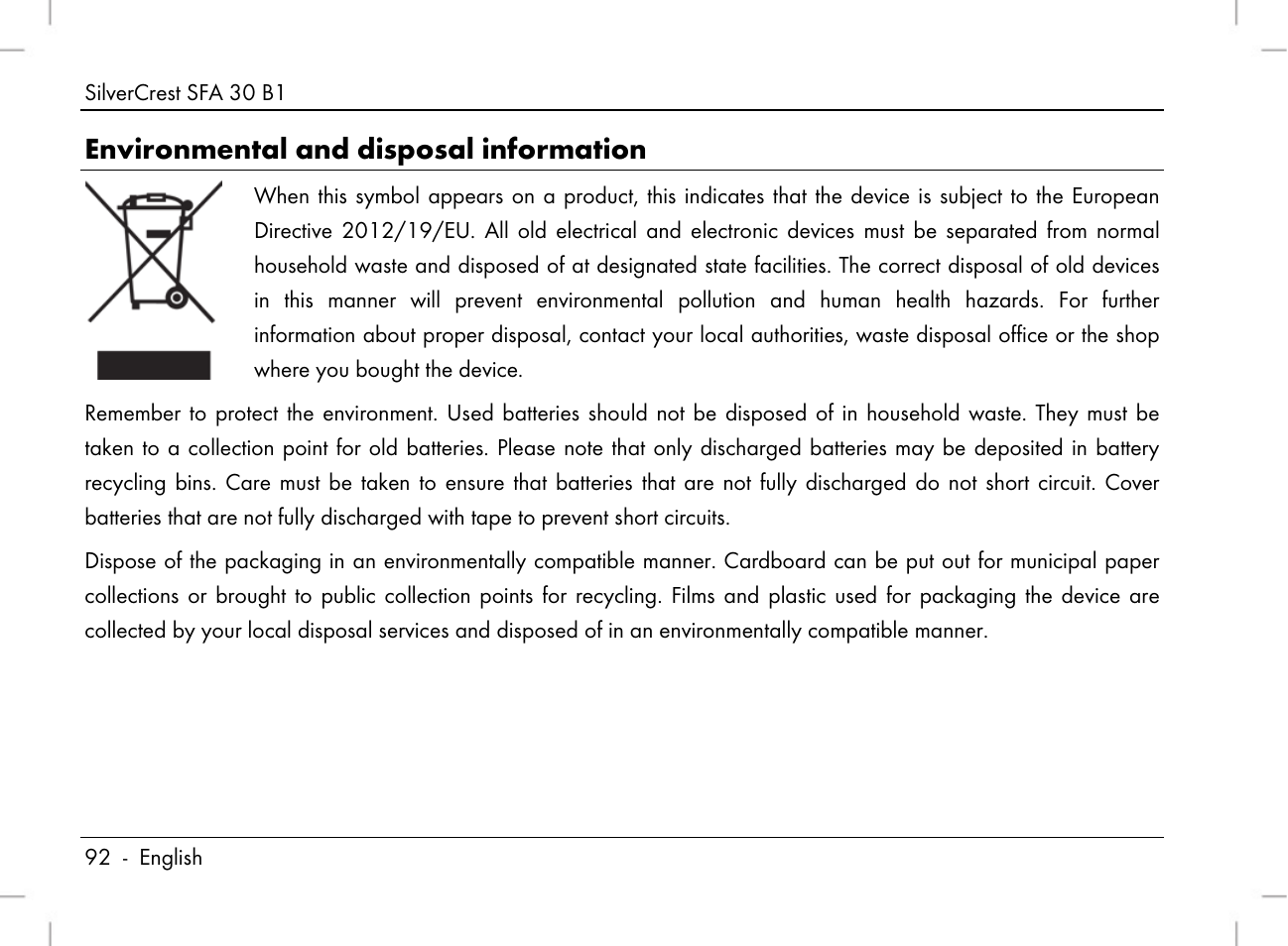 Environmental and disposal information | Silvercrest SFA 30 B1 User Manual | Page 94 / 120