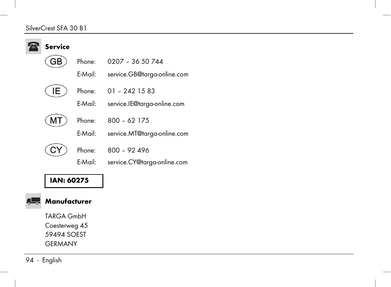 Silvercrest SFA 30 B1 User Manual | Page 96 / 120
