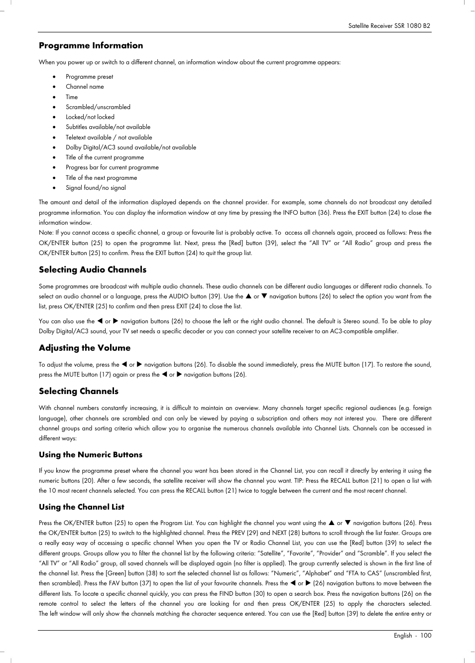 Programme information, Selecting audio channels, Adjusting the volume | Selecting channels | Silvercrest SSR 1080 B2 User Manual | Page 102 / 106