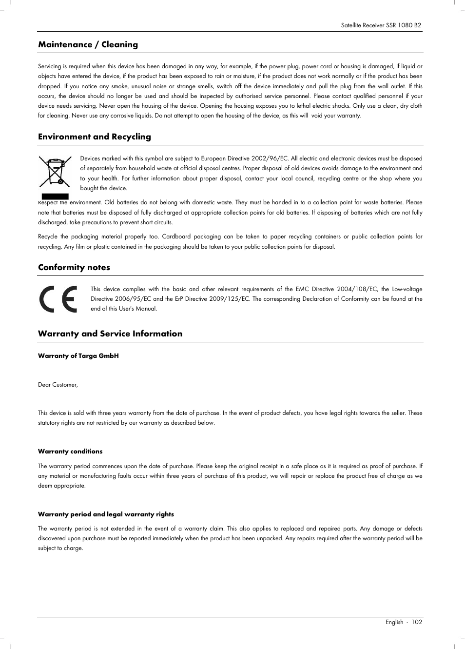 Maintenance / cleaning, Environment and recycling, Warranty and service information | Silvercrest SSR 1080 B2 User Manual | Page 104 / 106