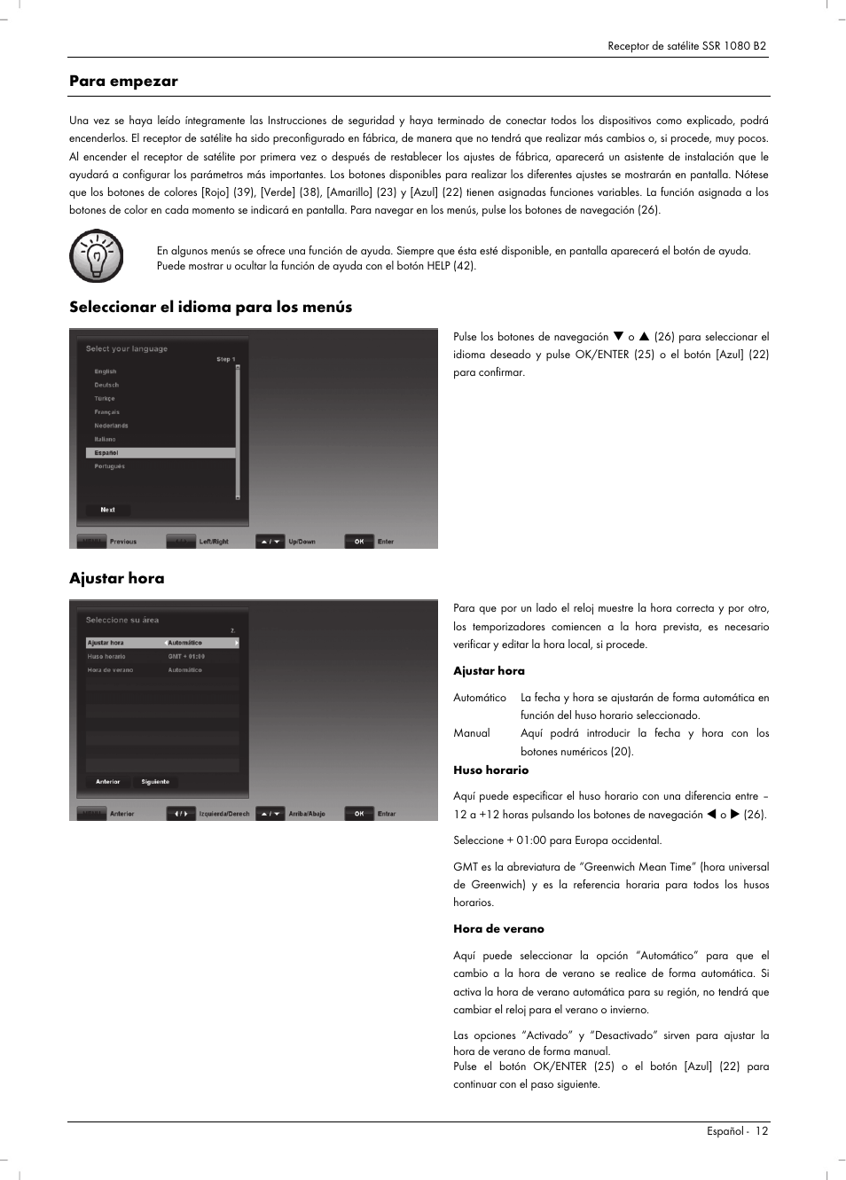 Para empezar, Seleccionar el idioma para los menús, Ajustar hora | Silvercrest SSR 1080 B2 User Manual | Page 14 / 106