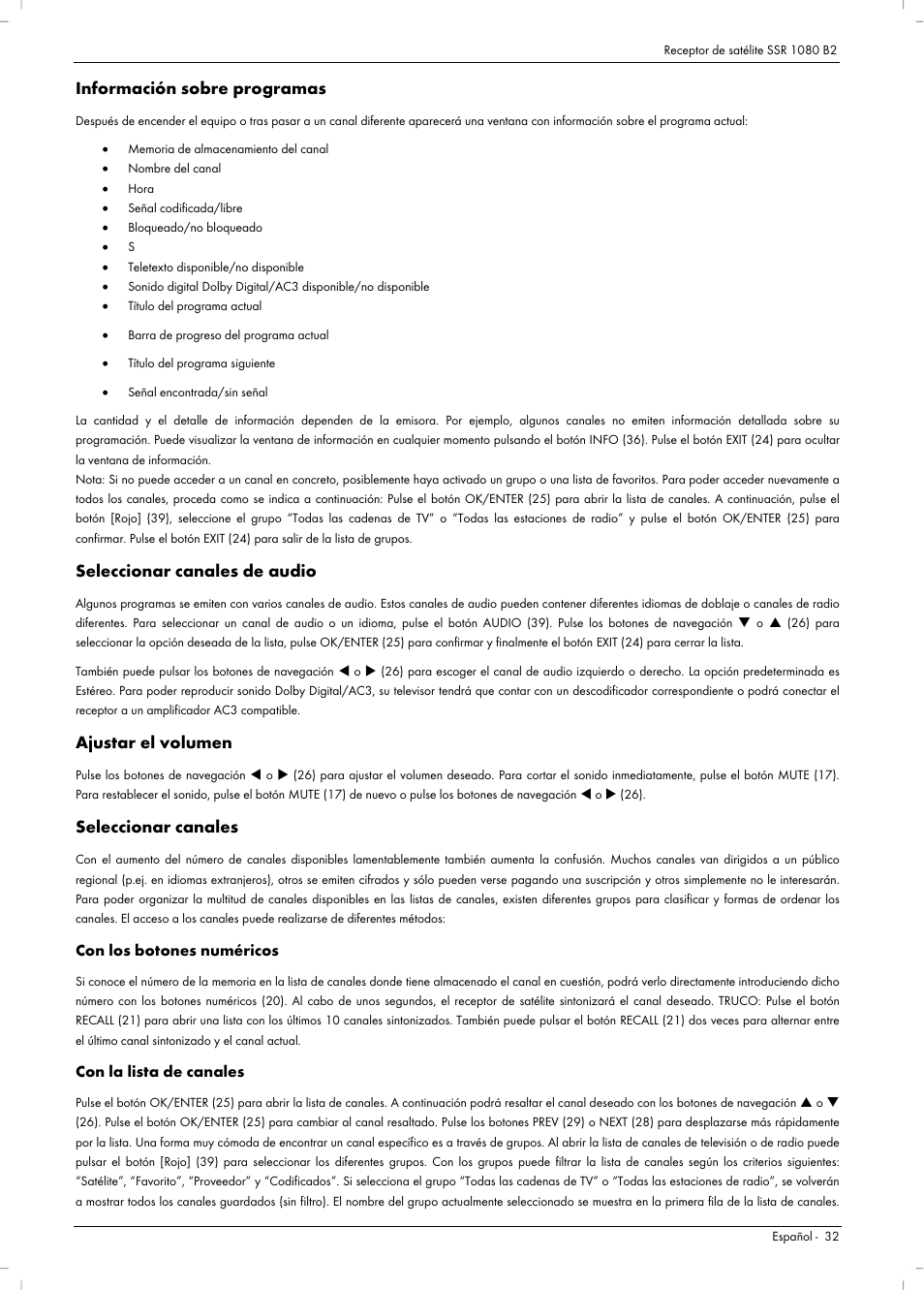 Información sobre programas, Seleccionar canales de audio, Ajustar el volumen | Seleccionar canales | Silvercrest SSR 1080 B2 User Manual | Page 34 / 106