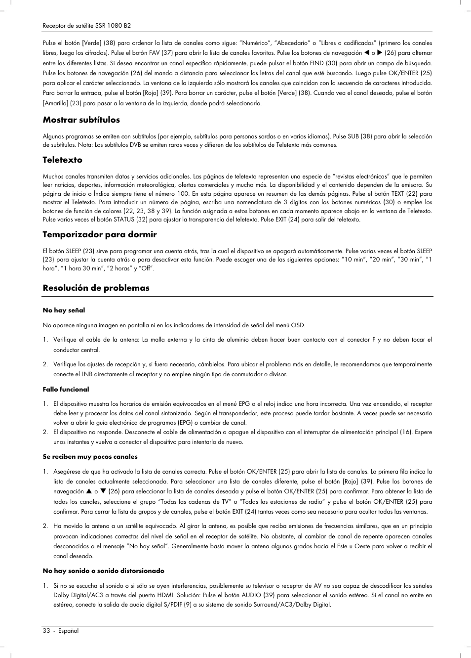 Mostrar subtítulos, Teletexto, Temporizador para dormir | Resolución de problemas | Silvercrest SSR 1080 B2 User Manual | Page 35 / 106