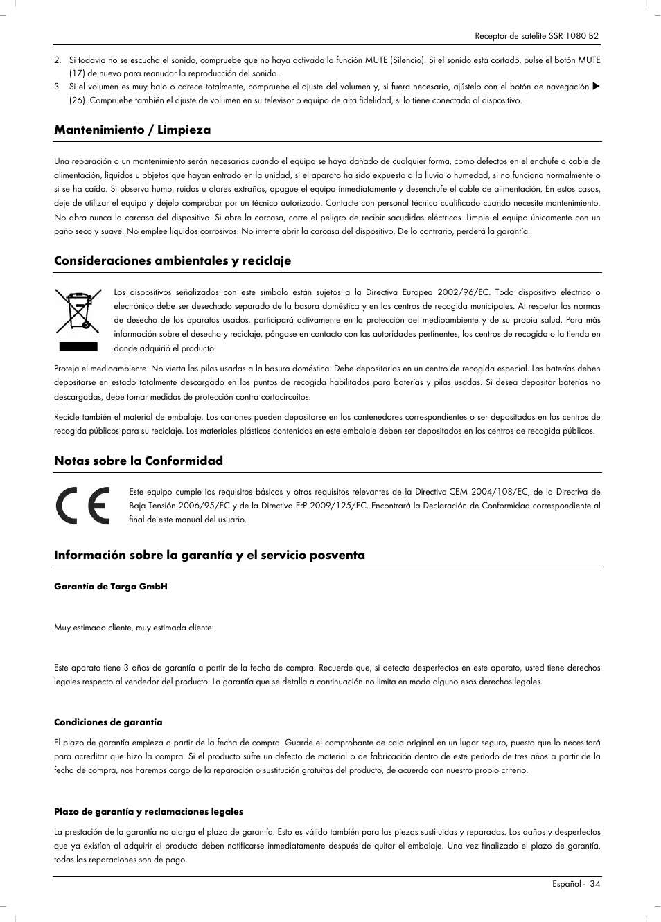 Mantenimiento / limpieza, Consideraciones ambientales y reciclaje, Notas sobre la conformidad | Silvercrest SSR 1080 B2 User Manual | Page 36 / 106