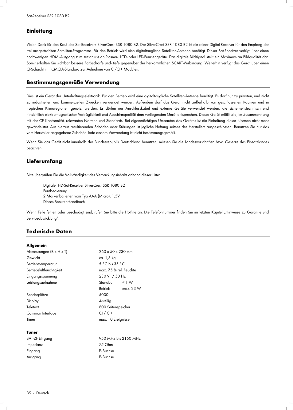 Einleitung, Bestimmungsgemäße verwendung, Lieferumfang | Technische daten | Silvercrest SSR 1080 B2 User Manual | Page 41 / 106