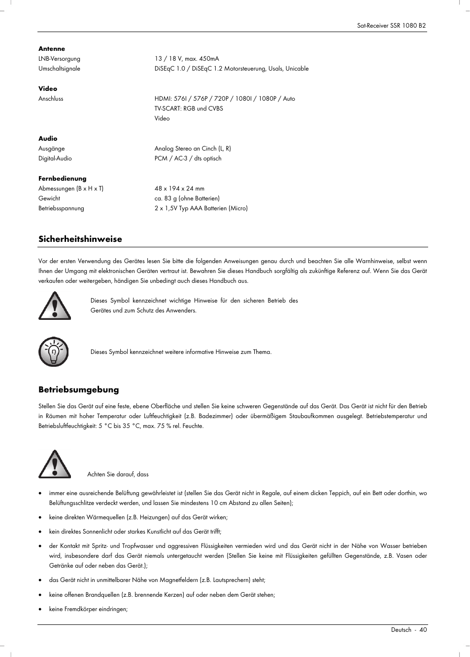 Sicherheitshinweise, Betriebsumgebung | Silvercrest SSR 1080 B2 User Manual | Page 42 / 106