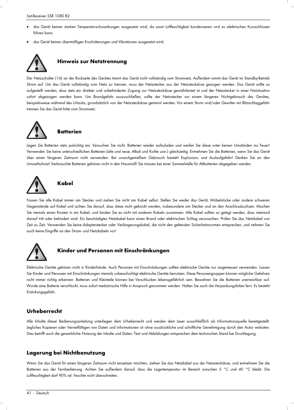 Hinweis zur netztrennung, Batterien, Kabel | Kinder und personen mit einschränkungen, Urheberrecht, Lagerung bei nichtbenutzung | Silvercrest SSR 1080 B2 User Manual | Page 43 / 106