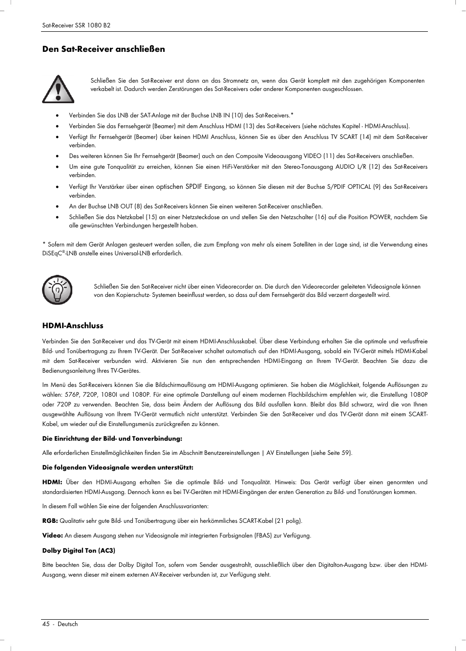 Den sat-receiver anschließen | Silvercrest SSR 1080 B2 User Manual | Page 47 / 106