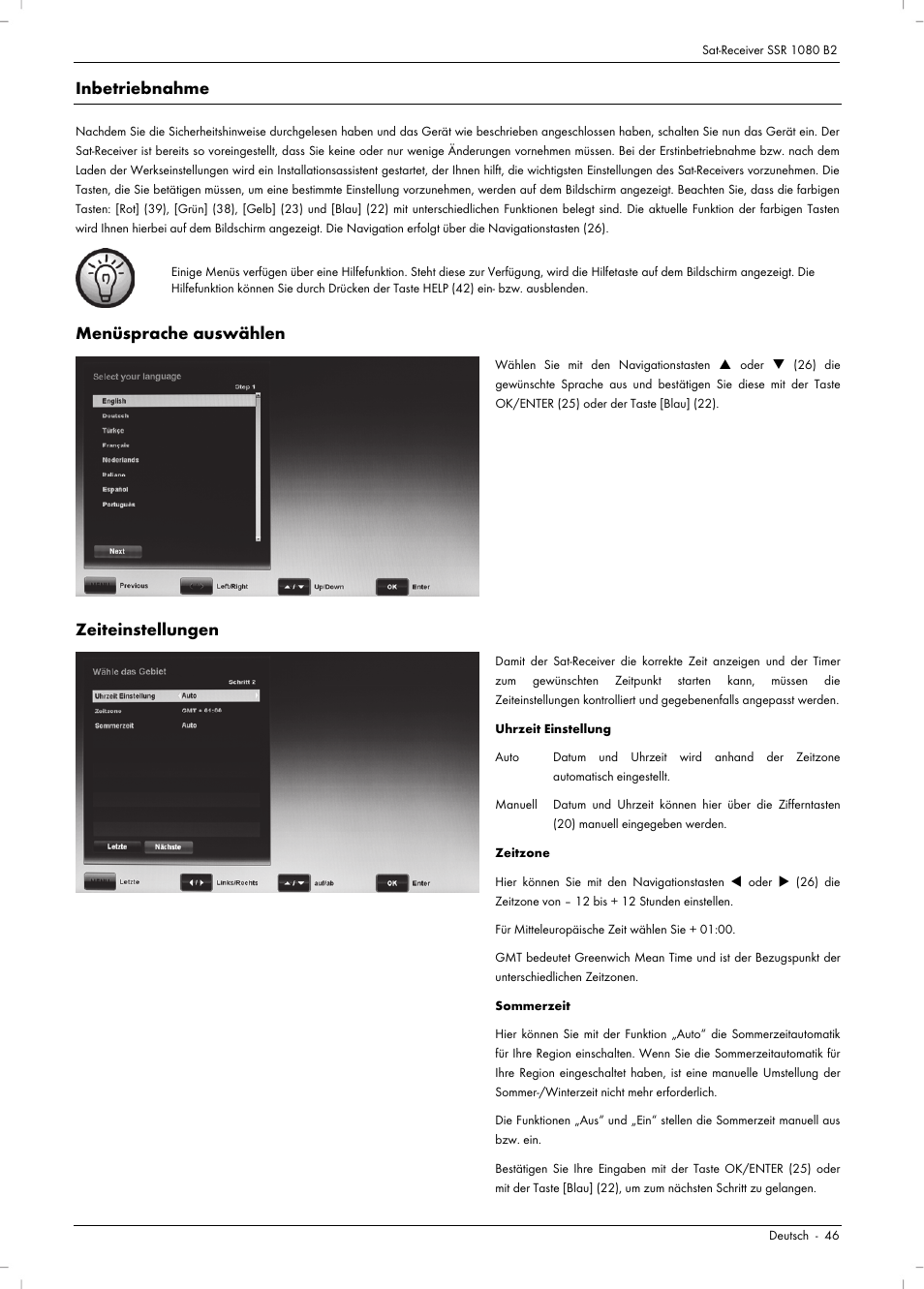 Inbetriebnahme, Menüsprache auswählen, Zeiteinstellungen | Silvercrest SSR 1080 B2 User Manual | Page 48 / 106