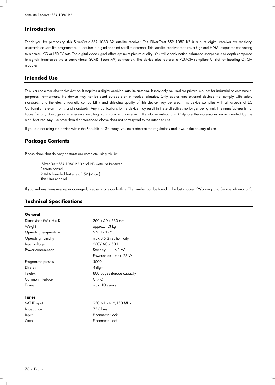 Introduction, Intended use, Package contents | Technical specifications | Silvercrest SSR 1080 B2 User Manual | Page 75 / 106